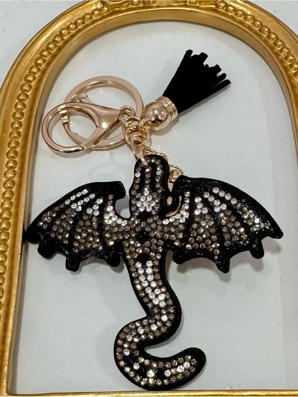 New Silver/ Black Crystal Dragon  Keychain with Gold Hardware